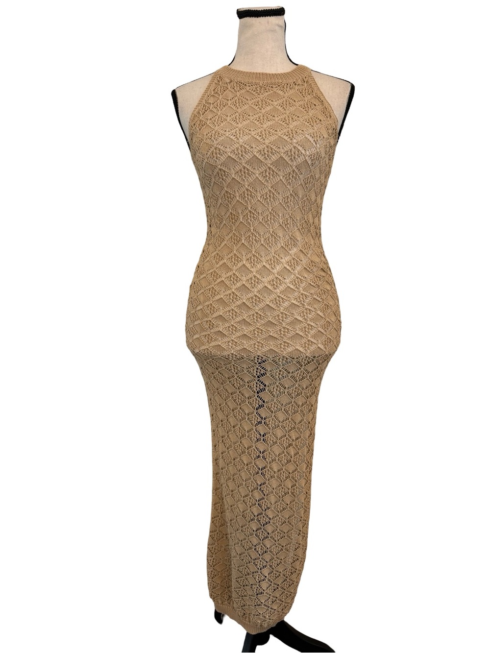 CodiGo Beige Open Knit Crochet Maxi Dress Cover Up Size Large Boho Beach
